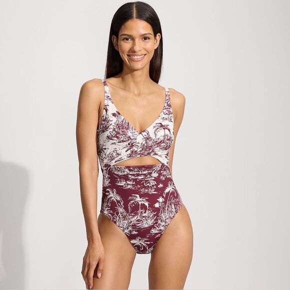 Land's End One piece monokini swimsuit adjustable egret burgundy scenic mix Var - Picture 2 of 7